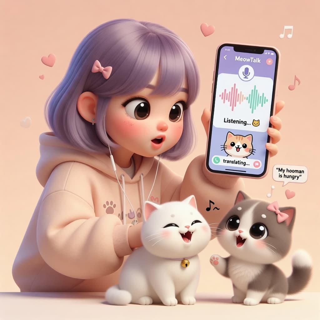 Cute girl holding a phone showing the CatsGPT app translating cat meows, with two adorable kittens in front