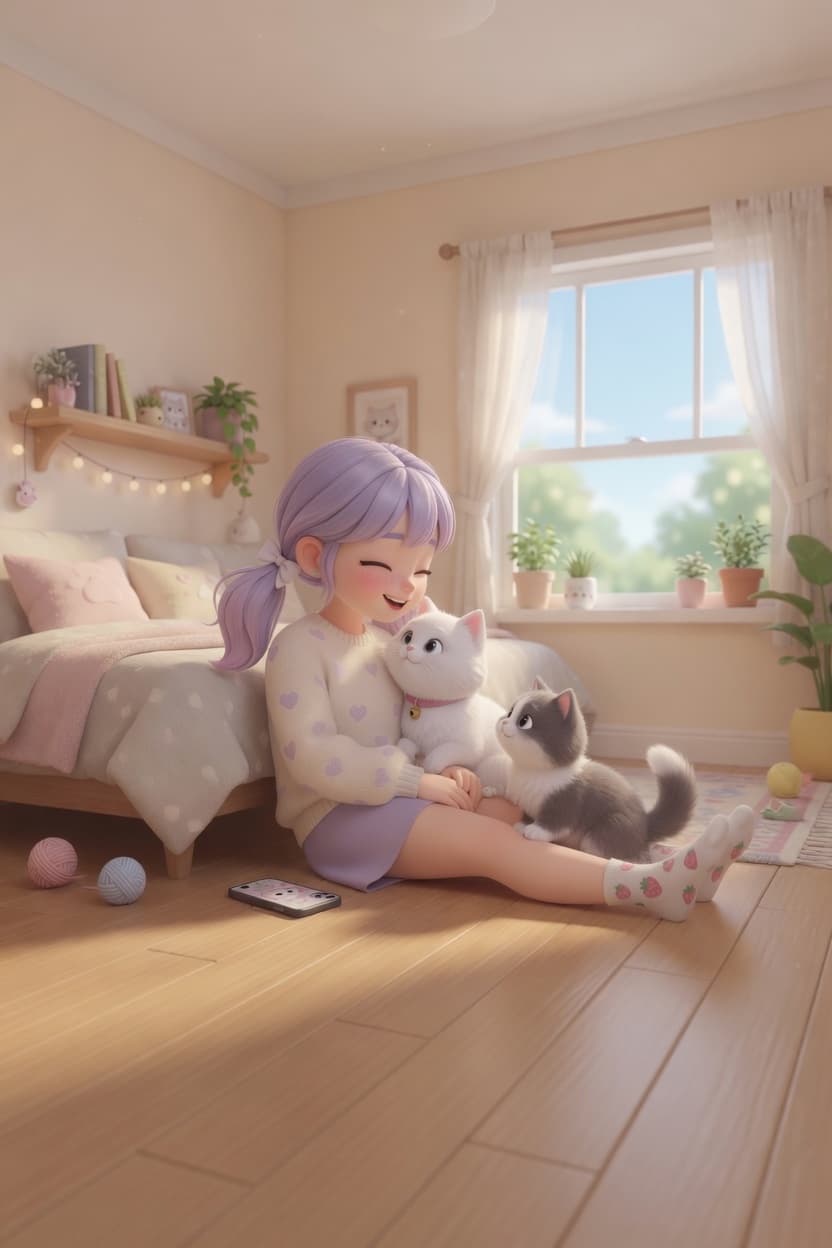 Girl having a happy moment with her cats on the floor